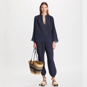 Tory Burch Gauze Beach Shirt XL and Pants L in Navy